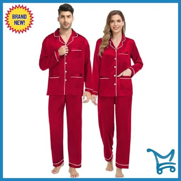 Satin Couples Pajama Set Long Sleeve Button Down Sleepwear with Pockets